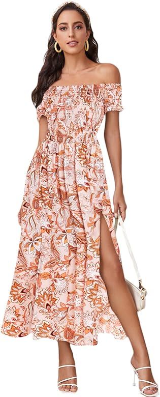 Floerns Women's Boho Floral Print Off Shoulder Split Long A Line Dress | Amazon (US)