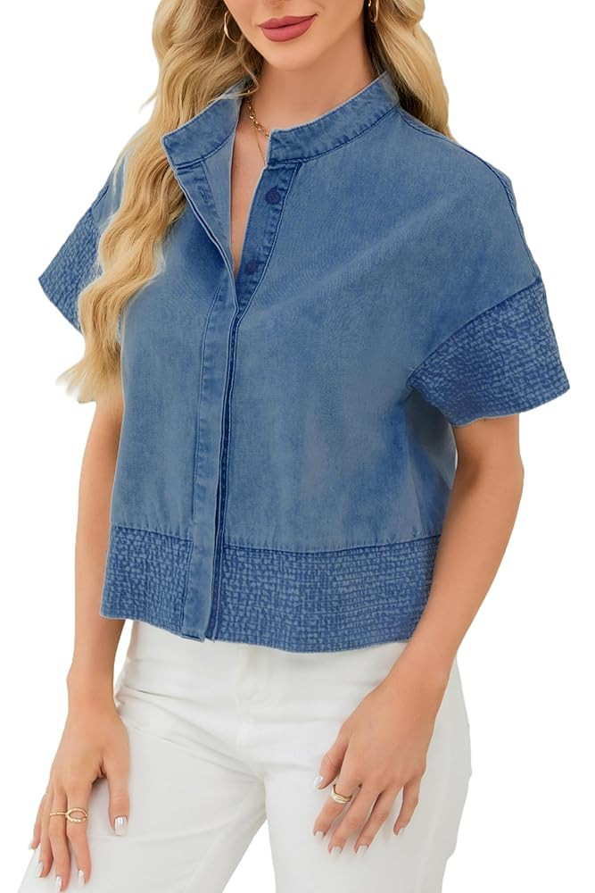 Womens Crop Denim Shirt Short Sleeve Button Down Casual Lightweight Summer Jean Jacket Top Trendy | Amazon (US)