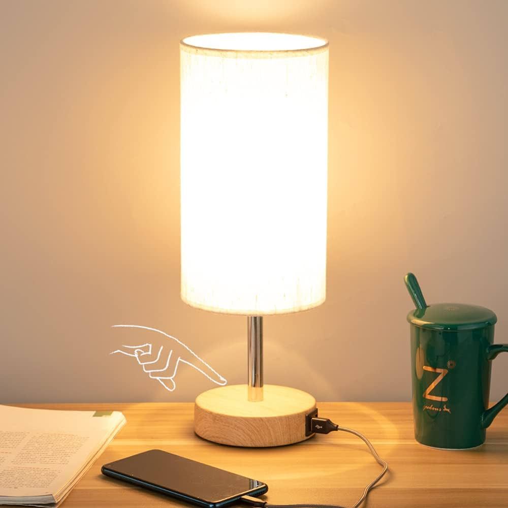 Yarra-Decor Bedside Lamp with USB Port - Touch Control Table Lamp for Bedroom Wood 3 Way Dimmable Ni | Amazon (US)