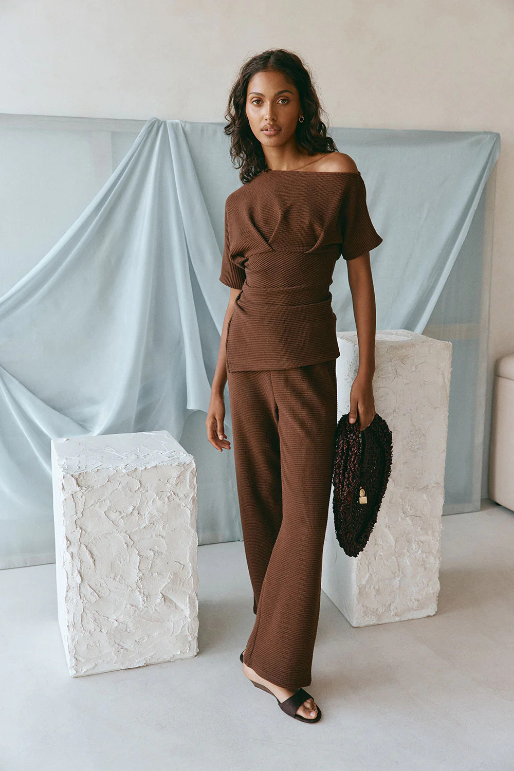 Chocolate Brown Waffle High Waist Malika Pants | Sabo Skirt AU