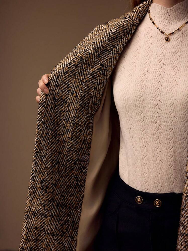 MOTF PREMIUM HERRINGBONE PANEL PEAK COLLAR BUCKLE BELTED LONGLINE OVERCOAT | SHEIN