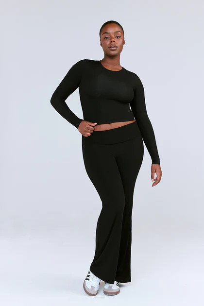 365 SCULPTING LOUNGE MULTIWAY FOLD WAIST FLARED TROUSERS - SHADOW BLACK | TALA (UK)