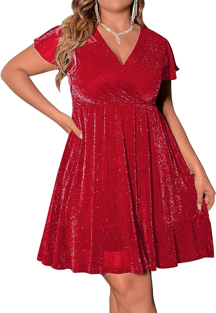 Floerns Women's Plus Size Glitter Wrap V Neck Short Sleeve Party A Line Dress | Amazon (US)
