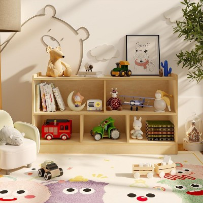 Wooden Kids Bookshelf, 5-Section 2-Tier Open Bookcase with Toy Storage, Toddler Bookshelf for Playroom Nursery Classroom, Natural Wood | Target