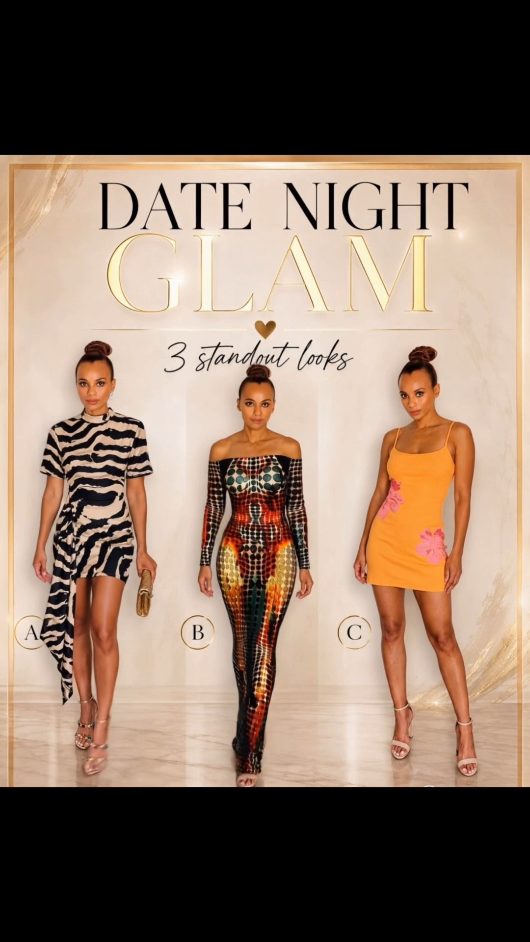 Three dresses, three ways to own the night ✨ From bold and dramatic to sleek and playful, each look brings a completely different energy. Which one matches your date-night mood: A, B, or C? 🤎

#LTKStyle #DateNightStyle #NightOutFashion #StatementLook #GlamOutfit #FashionOver40 #StyleInspo #DressInspiration #EveningStyle #LTKFinds