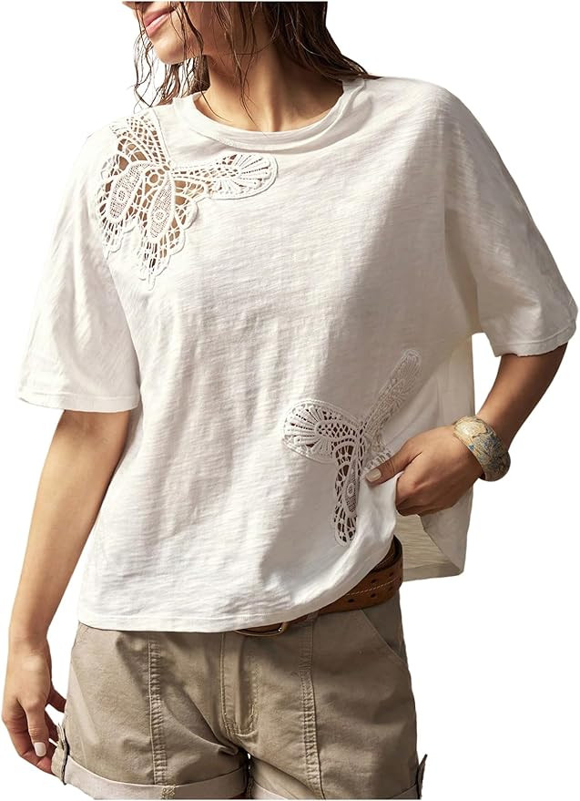 Verdusa Women's Boho Western Lace Butterfly Hollow Out Tops Vintage Loose T Shirt | Amazon (US)