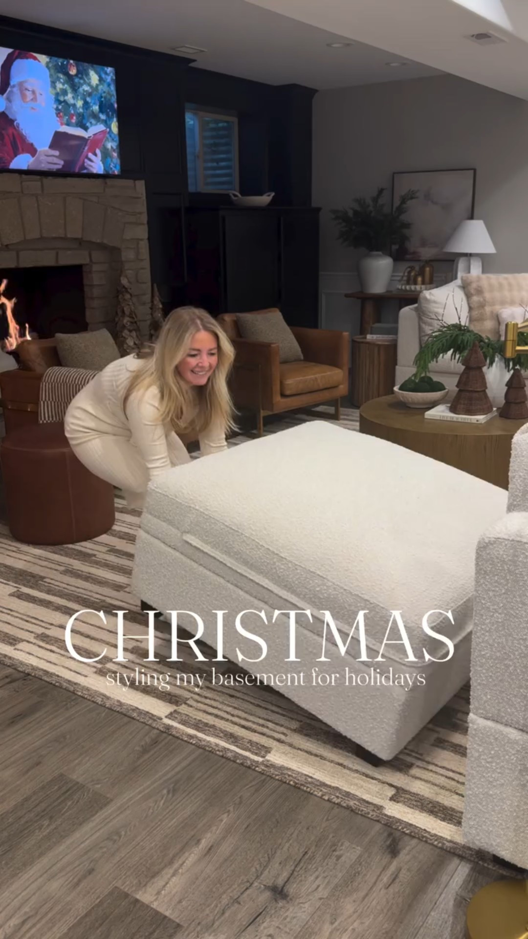 Styling my basement for the holidays! ✨ Comment BASEMENT for links! ✨ 

It definitely doesn’t feel like your regular basement. We cozied up this space with warm tones and textures and added the comfiest sofa sectional that grounded this space. We absolutely love our Kova sectional from @albanyparkhome 🙌🏻 It’s modular, durable and has that sink-in comfort that cannot be beat. We have the grand corner + storage ottoman here in our basement, but we also have other variations in our Great room and Bonus room! They are all amazing, timeless and more importantly family friendly with performance fabric options. AND, the best part is that it’s on sale now — up to 40% off + free white glove delivery! Sale ends 12/14 👀🙌🏻 

#myalbanypark #ad #basement #christmasinspo #modernhomedesign #holidayhome