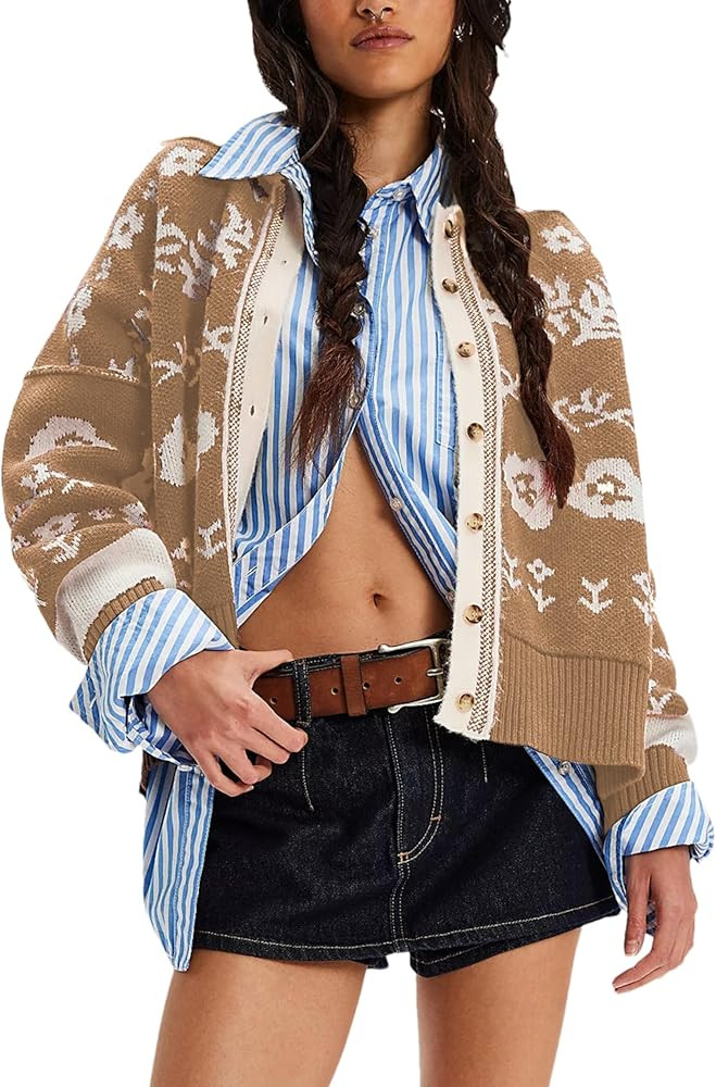 Womens Floral Long Sleeve Sweater Lapel Button Down Fall Winter Chunky Knit Cardigan Outerwear | Amazon (US)