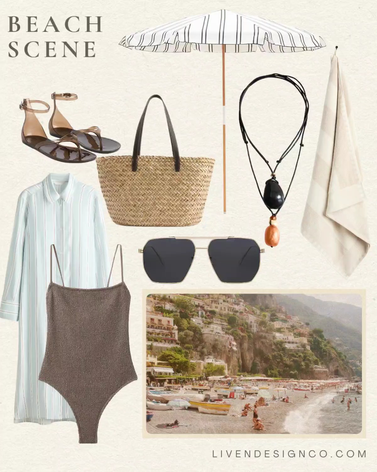 Beach look. Beach outfit. Neutral swim. Brown swimsuit. Swim cover up. Tunic. Straw tote. Sunglasses. Aviators. Jelly sandals. Necklace. Beach towel. Beach umbrella 

#LTKSwim #LTKTravel #LTKSaleAlert