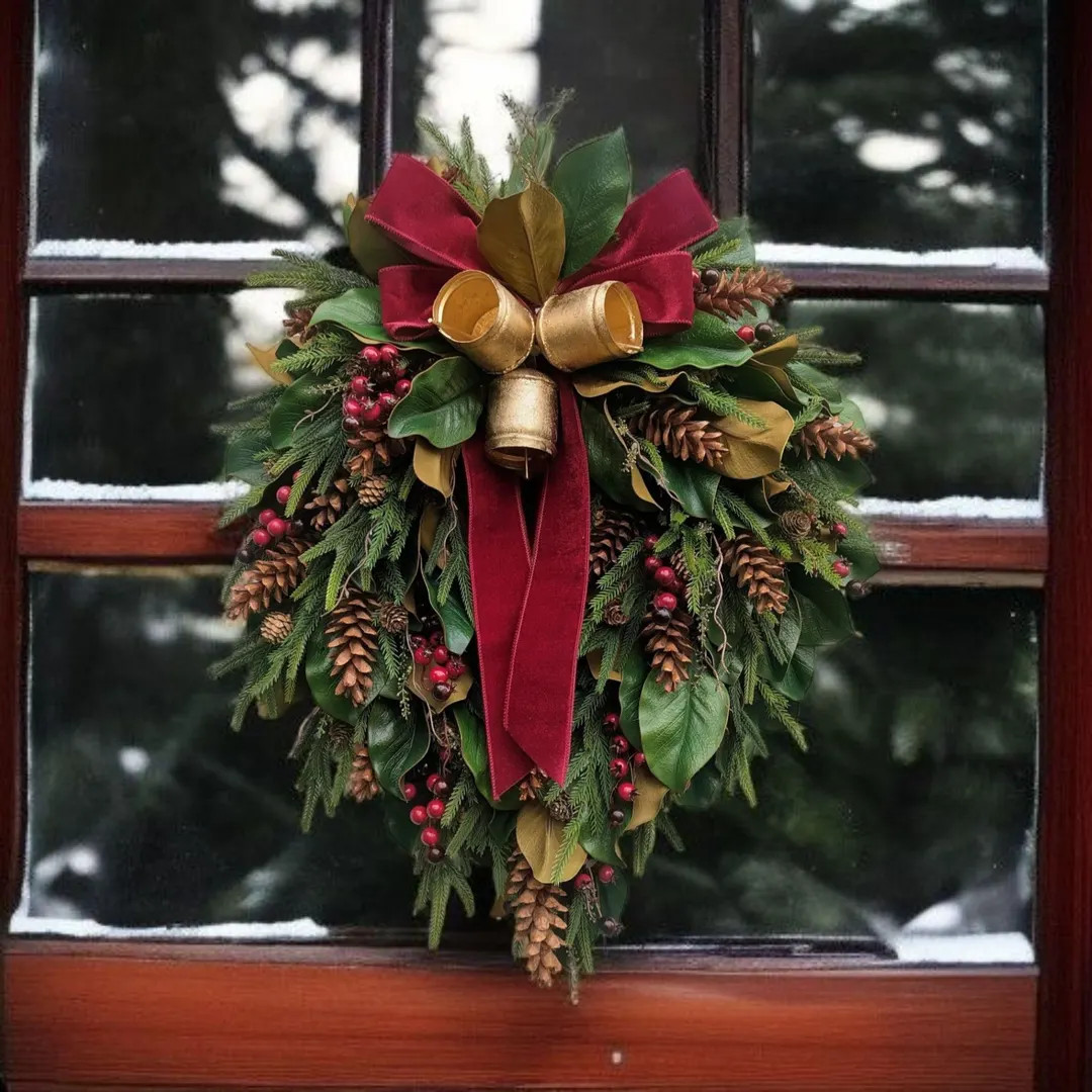 Traditional Cascading Christmas Wreath With Magnolia Leaves, Burgundy Ribbon, Gold Bells, Pinecon... | Etsy (US)