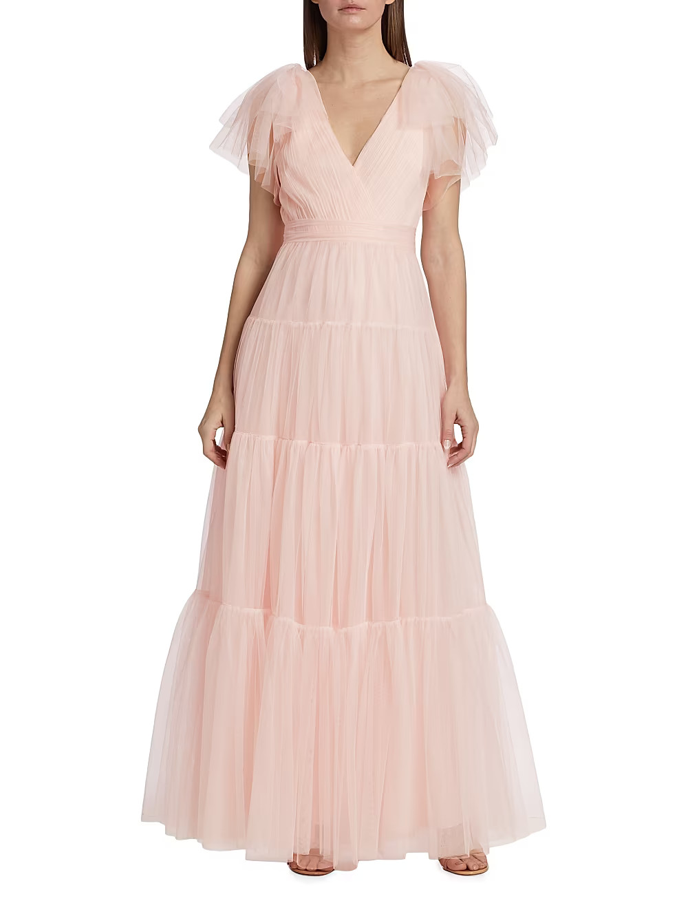 ML Monique Lhuillier Flutter-Sleeve Tulle Maxi Dress | Saks Fifth Avenue