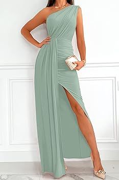 ZESICA Women's 2023 Summer One Shoulder Long Dress Sleeveless Wrap Ruched High Split Cocktail Wed... | Amazon (US)