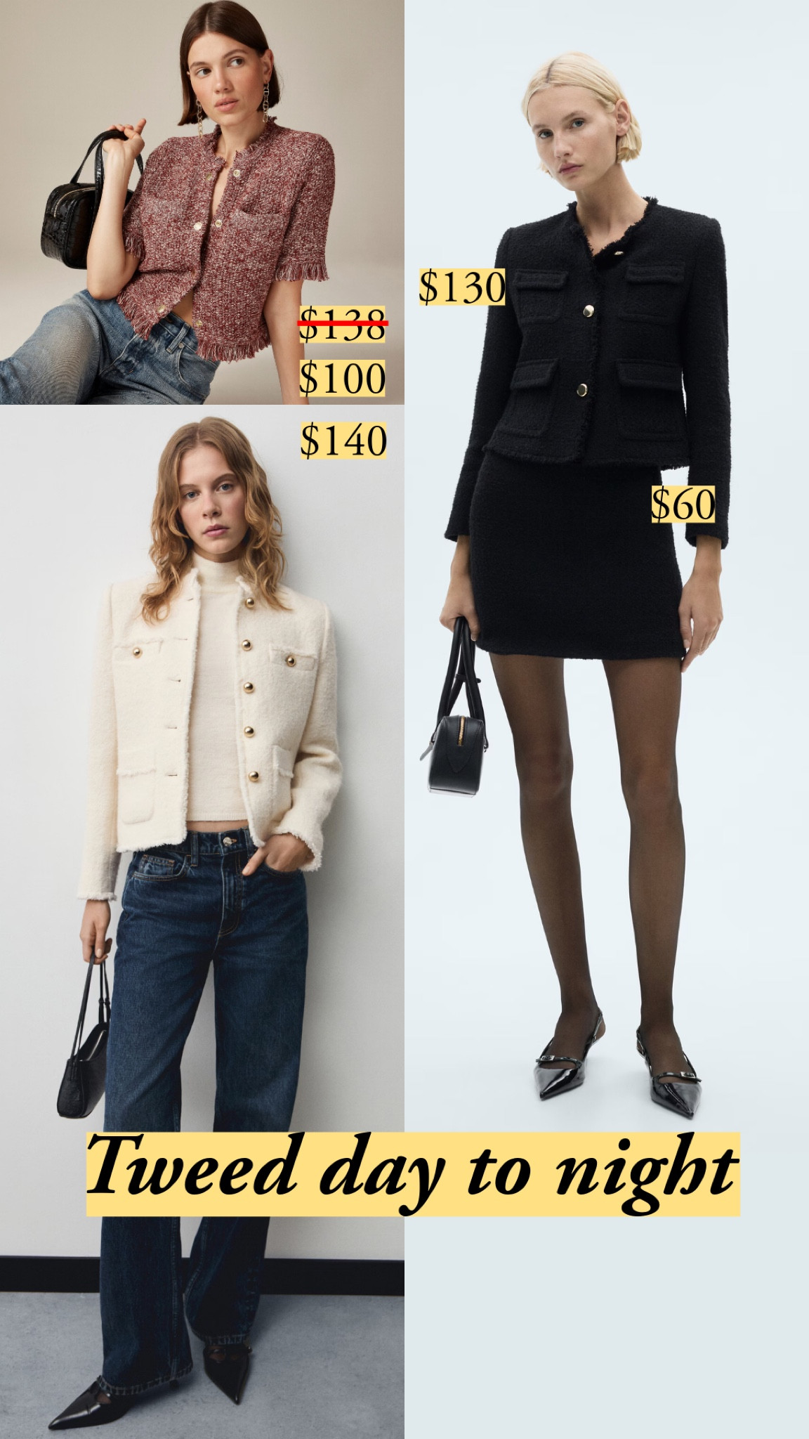 Tweed flows from day to night, as long as we don’t take it too seriously. For day, I wear it with jeans or leggings. 

At night, a denim skirt is great, or I find another way to make the outfit less precious: a striped sweater, a tee shirt, a denim button down will all give the tweed life. 

#affordableluxury #daytonight #ladylike #classicstyle #holidayparty

#LTKCyberWeek #LTKHoliday #LTKParties