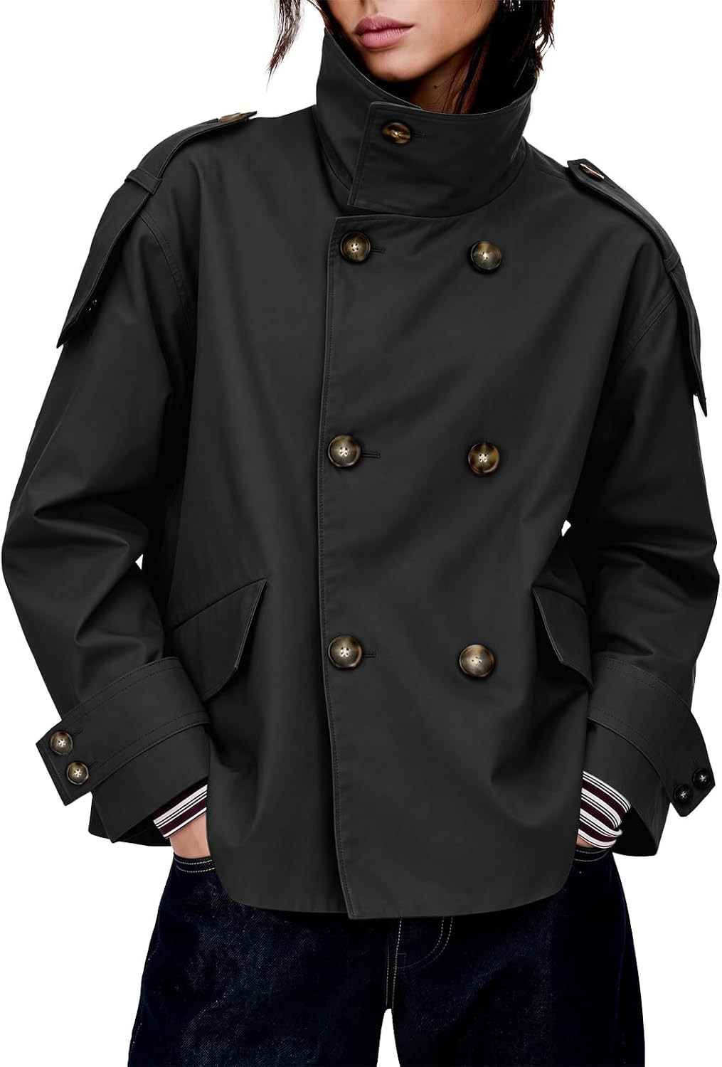 Tankaneo Womens Cropped Trench Coat Oversized Double Breasted Casual Jacket | Amazon (US)