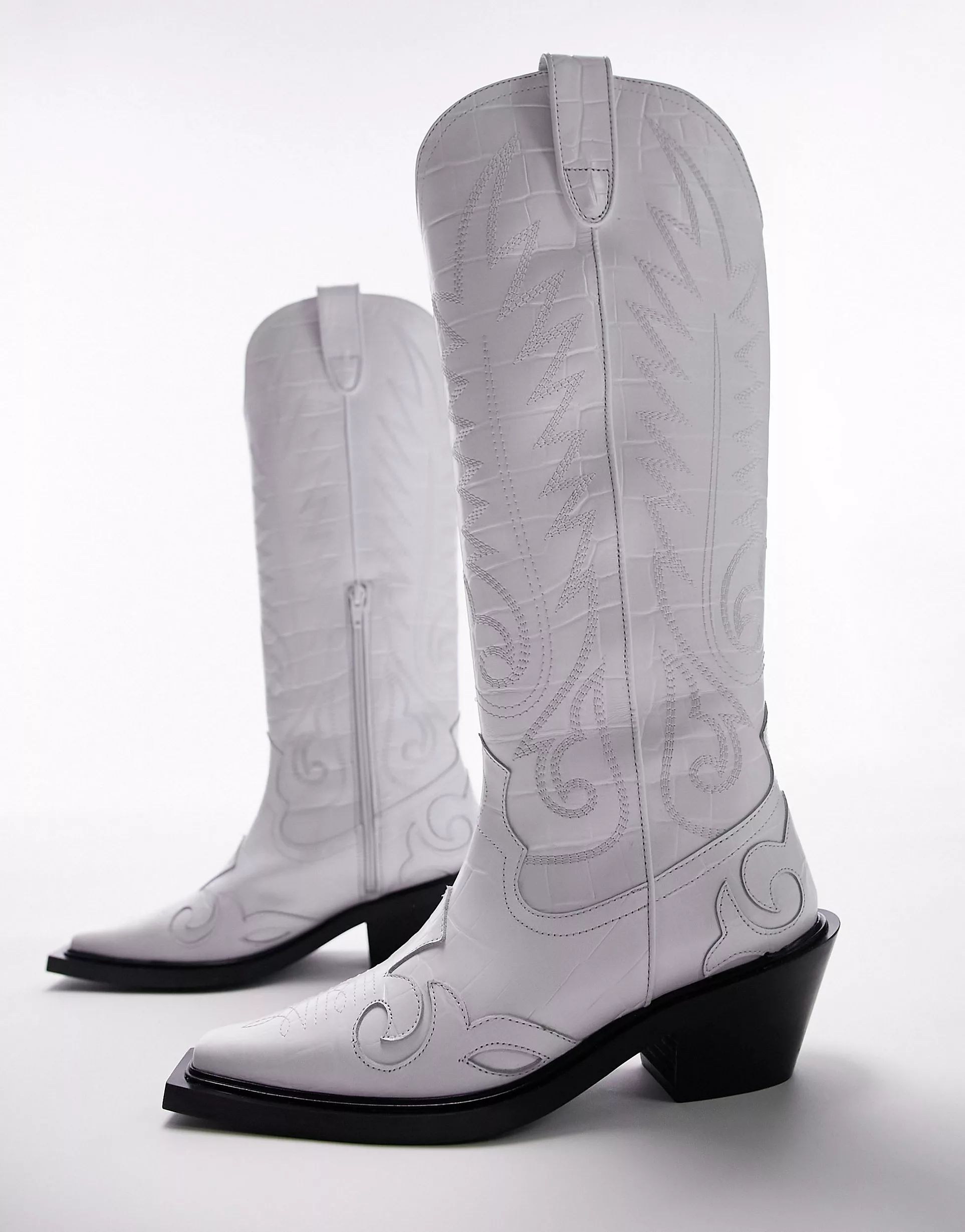 Topshop Bailey premium leather western boots in white croc | ASOS (Global)