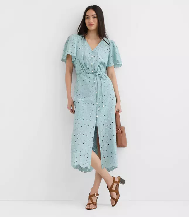 Scalloped Eyelet Midi Pocket Shirtdress | LOFT