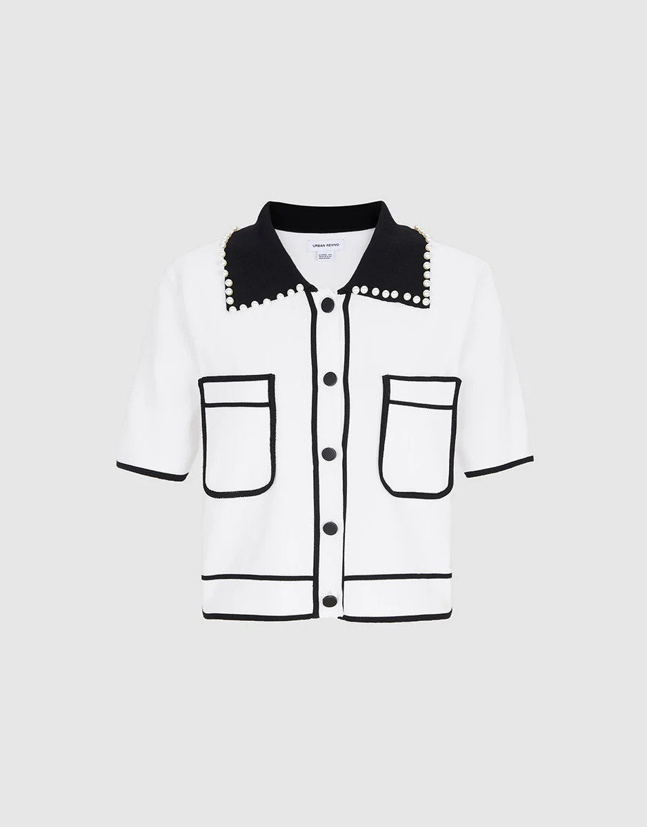 Beaded Contrast Trim Patch Pocket Short Sleeve Cardigan | Urban Revivo