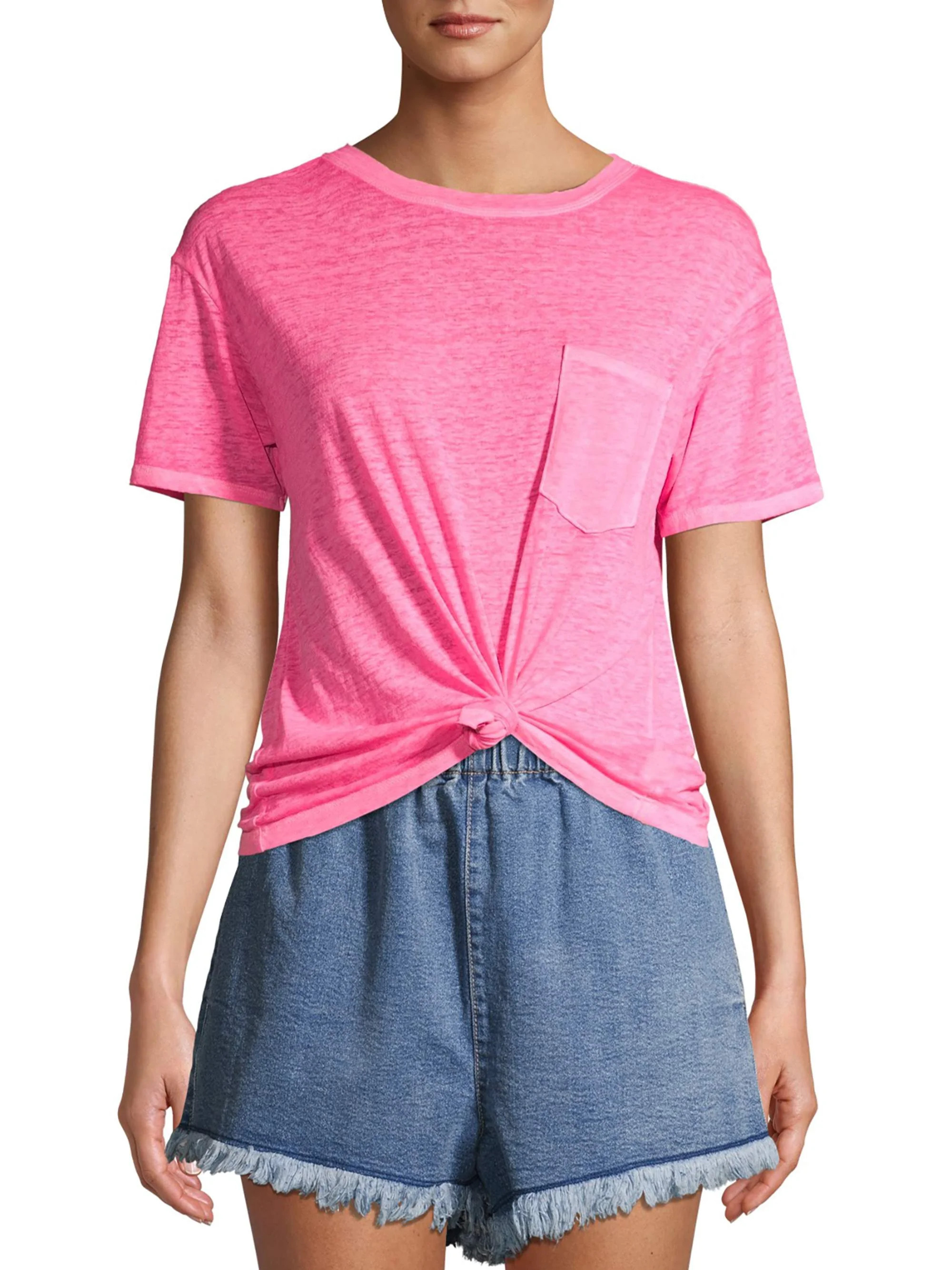 No Boundaries Juniors' Distressed Tie Front Pocket Tee | Walmart (US)