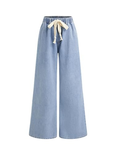 CIDER Drawstring Wide Leg Jeans for Women High Waisted Baggy Jeans Denim Pants with Pockets: Sky Blue, L | Amazon (US)