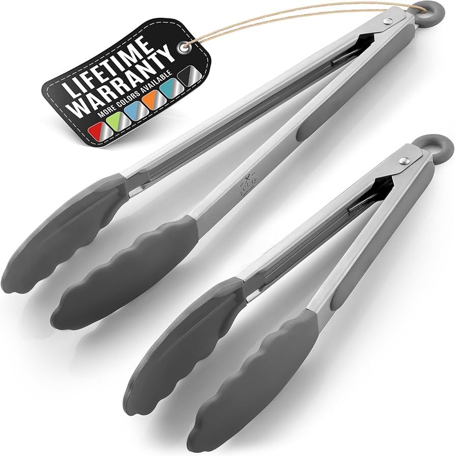 Zulay Heat Resistant BBQ Kitchen Tongs Stainless Steel - 2 Piece Non-Scratch Silicone Tip - Salad... | Amazon (US)