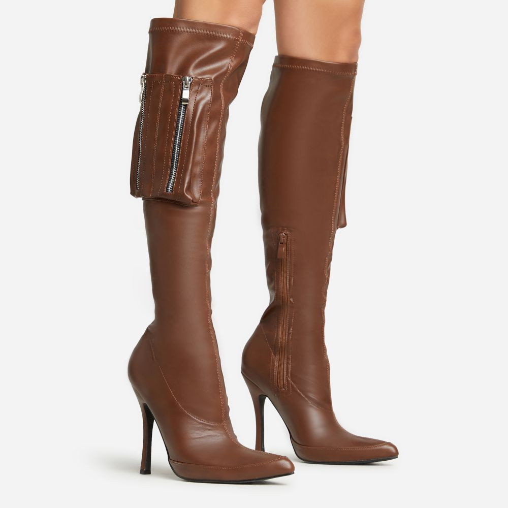 Truman Side Pocket Detail Pointed Toe Stiletto Heel Knee High Long Boot In Brown Faux Leather | EGO Shoes (US & Canada)