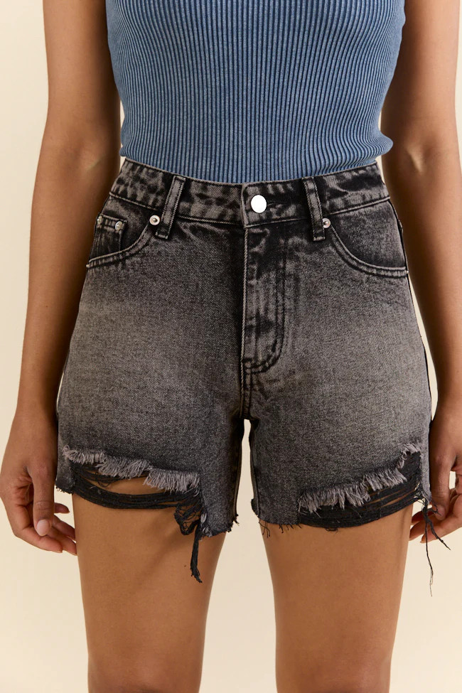 Night Rhythm Black Wash Distressed Denim Shorts | Pink Lily