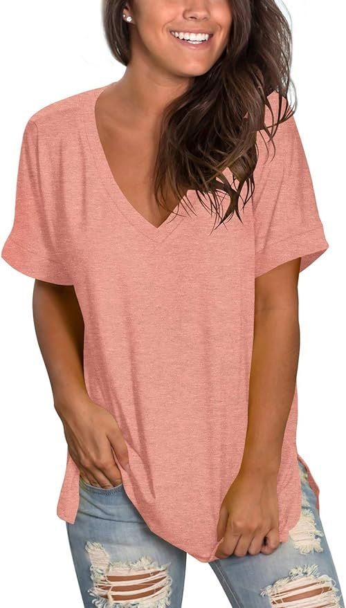 Sieanear Womens V-Neck T-Shirt Short Sleeve Roll Up Loose Soft Side Split Tee Tops | Amazon (US)