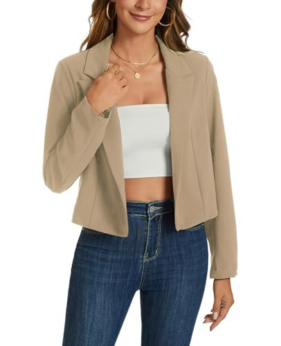 MINTLIMIT Women's Cropped Blazer Long Sleeve Notched Lapel Short Blazers Casual Open Front Crop Blazer Jacket, Khaki | Amazon (US)