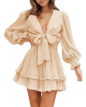 AlvaQ Womens Spring Summer Knot Front V Neck Ruffles Long Sleeve Floral Print Swing Mini Dress | Amazon (US)