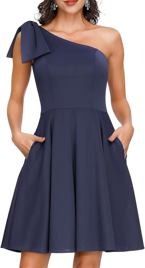 JASAMBAC Women's Bow One Shoulder Dress with Pockets A-line Cocktail Party Dress | Amazon (US)