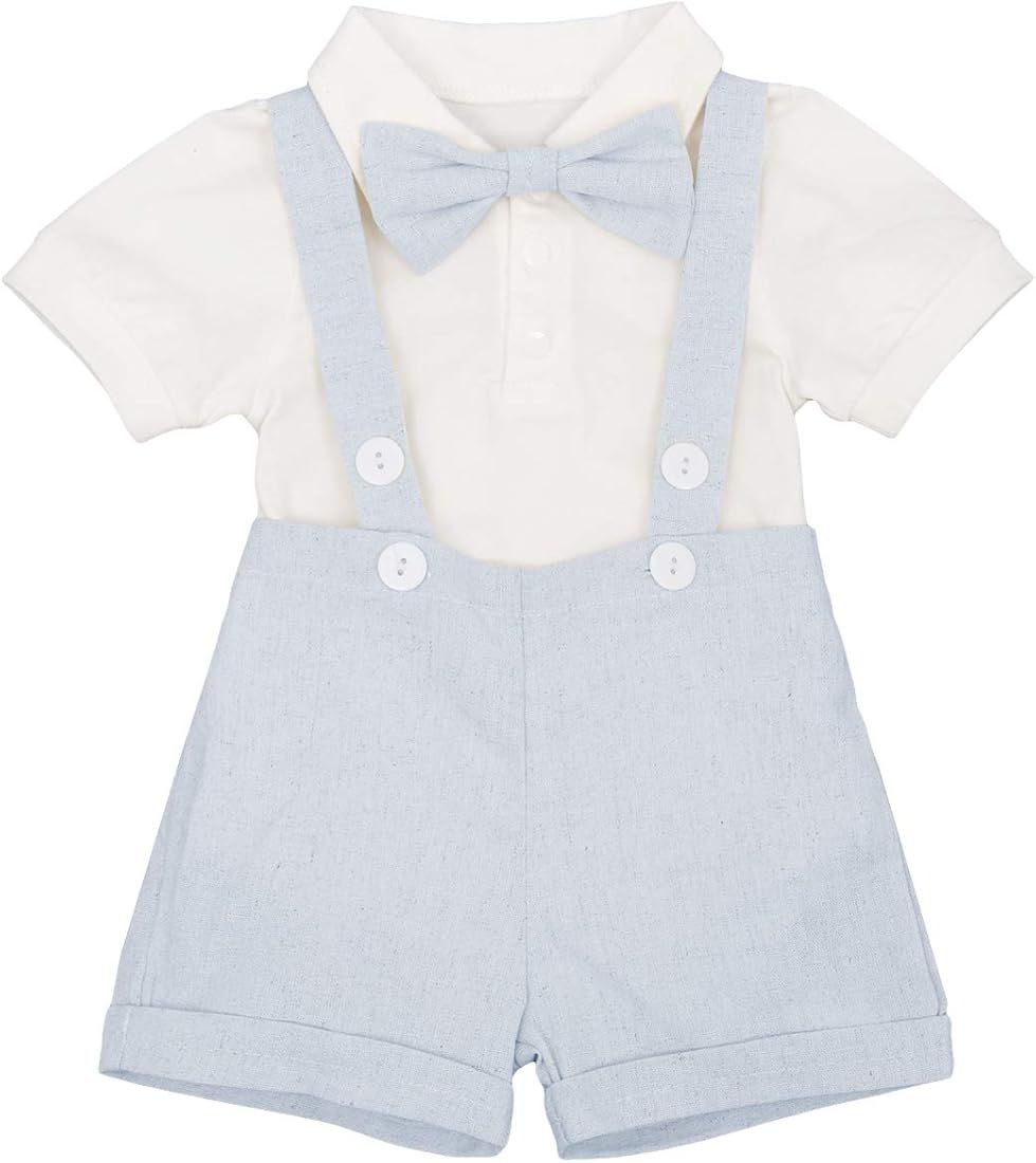 Baby Boys Formal Suit Set Short Sleeve Romper Suspenders Shorts Pants Bowtie Wedding Tuxedo Outfi... | Amazon (US)