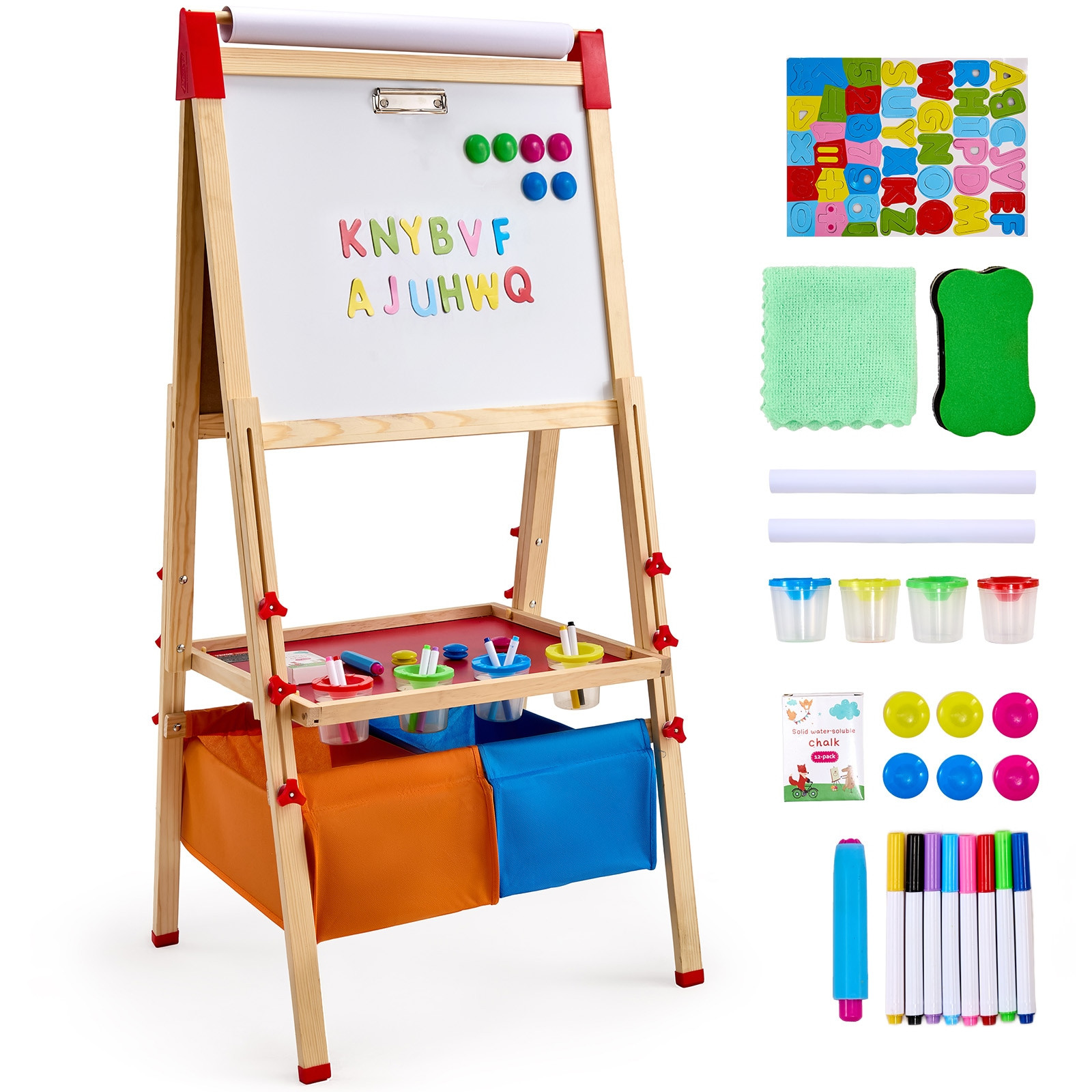 VEVOR Art Easel for Kids 3-in-1 Wooden Double-Sided Kid's Art Easel with Magnetic Whiteboard Chalkboard Paper Roll Adjustable Standing Drawing Board | Lowe's