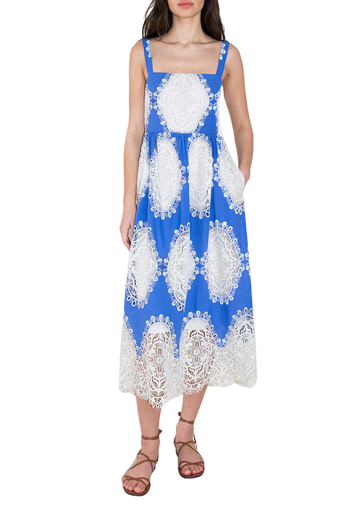 Ninet Lace Midi Dress in Blue/White | Over The Moon