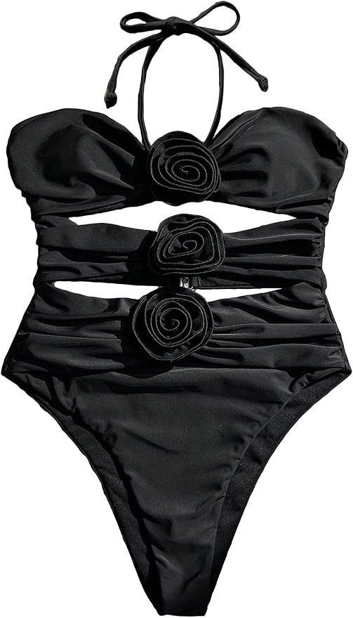 OYOANGLE Women's Halter Neck 3D Floral Appliques Sexy One Piece Swimsuit Cut Out Bathing Suit | Amazon (US)