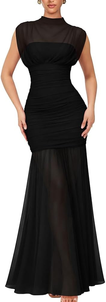 LAGSHIAN Women's Sleeveless Mesh High Neck Ruched Cocktail Maxi Dress | Amazon (US)