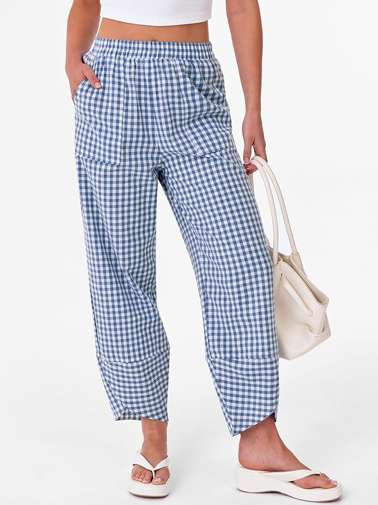 ANRABESS Womens Striped Gingham Pants Summer Lounge Cute PJ Bottom Plaid Pants Casual Wide Leg Be... | Amazon (US)