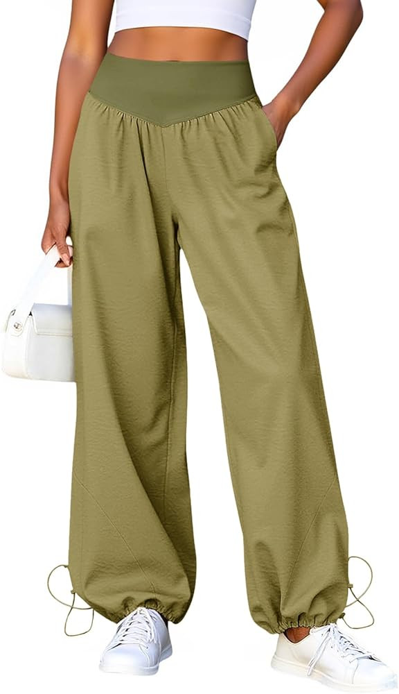 Fisoew Womens Wide Leg Pants Casual High Waist Baggy Track Pants Loose Fit Drawstring Cuffs Loung... | Amazon (US)