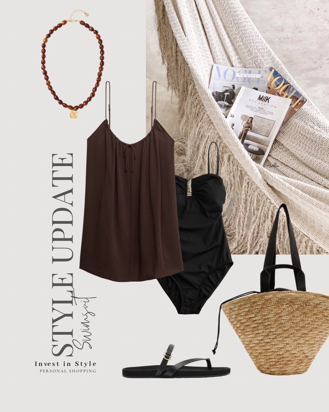 Black swimsuit 
Brown cover up dress 
Beach outfit 

#LTKtravel #LTKswimwear