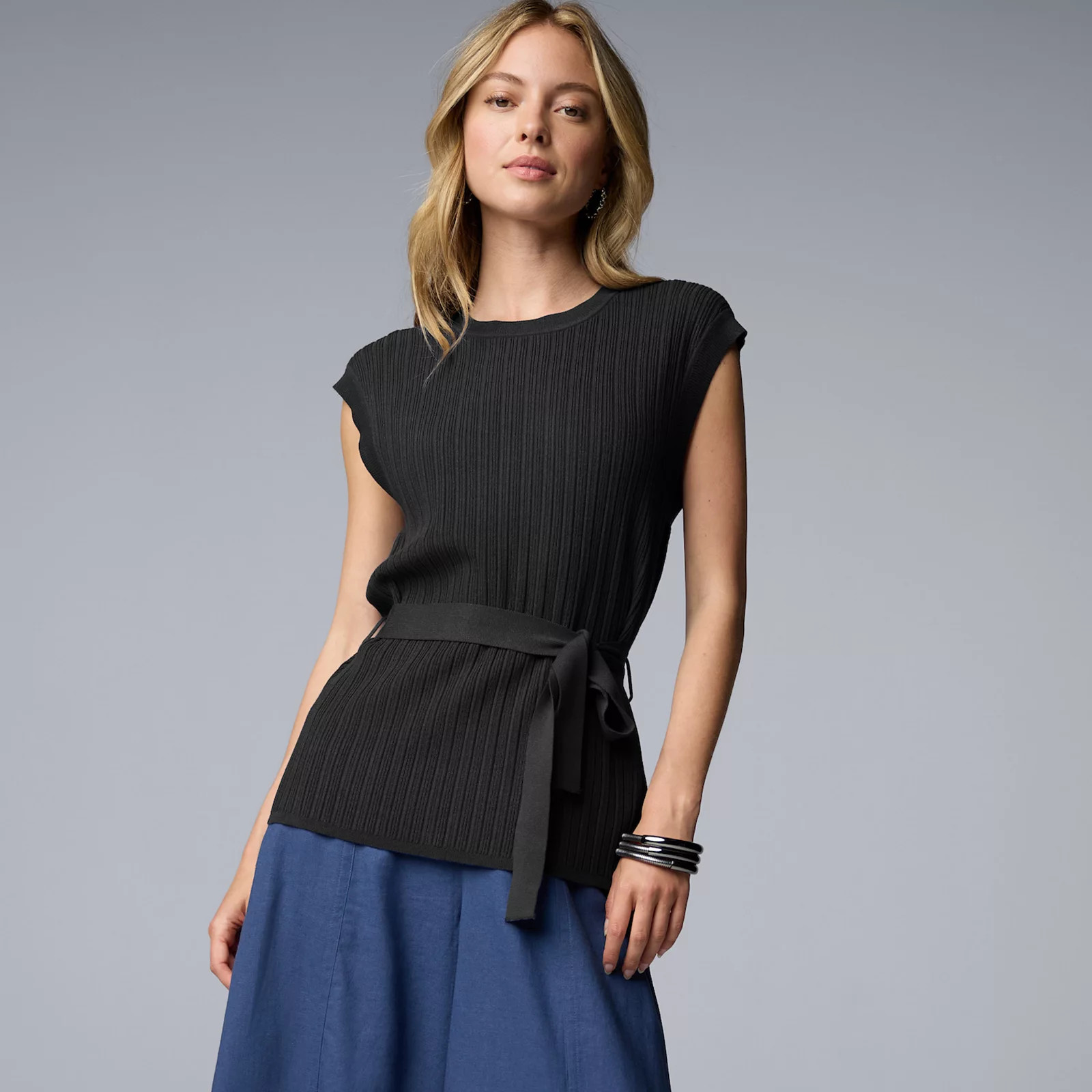 Women's Simply Vera Vera Wang Cap Sleeve Tie Waist Sweater Top, Size: XS, Black | Kohl's