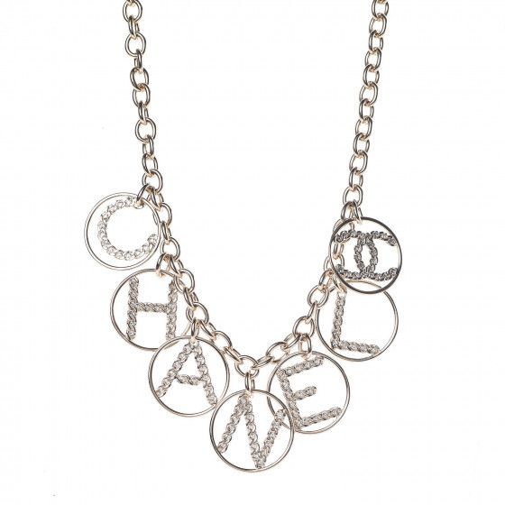 CHANEL Metal Strass Crystal Logo Necklace Gold | Fashionphile