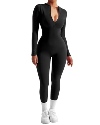 SUUKSESS Women Long Sleeve Ribbed Seamless Jumpsuit Sexy Zip up Front Workout One Piece Bodycon Jumpsuit Romper (Black,XS) | Amazon (US)