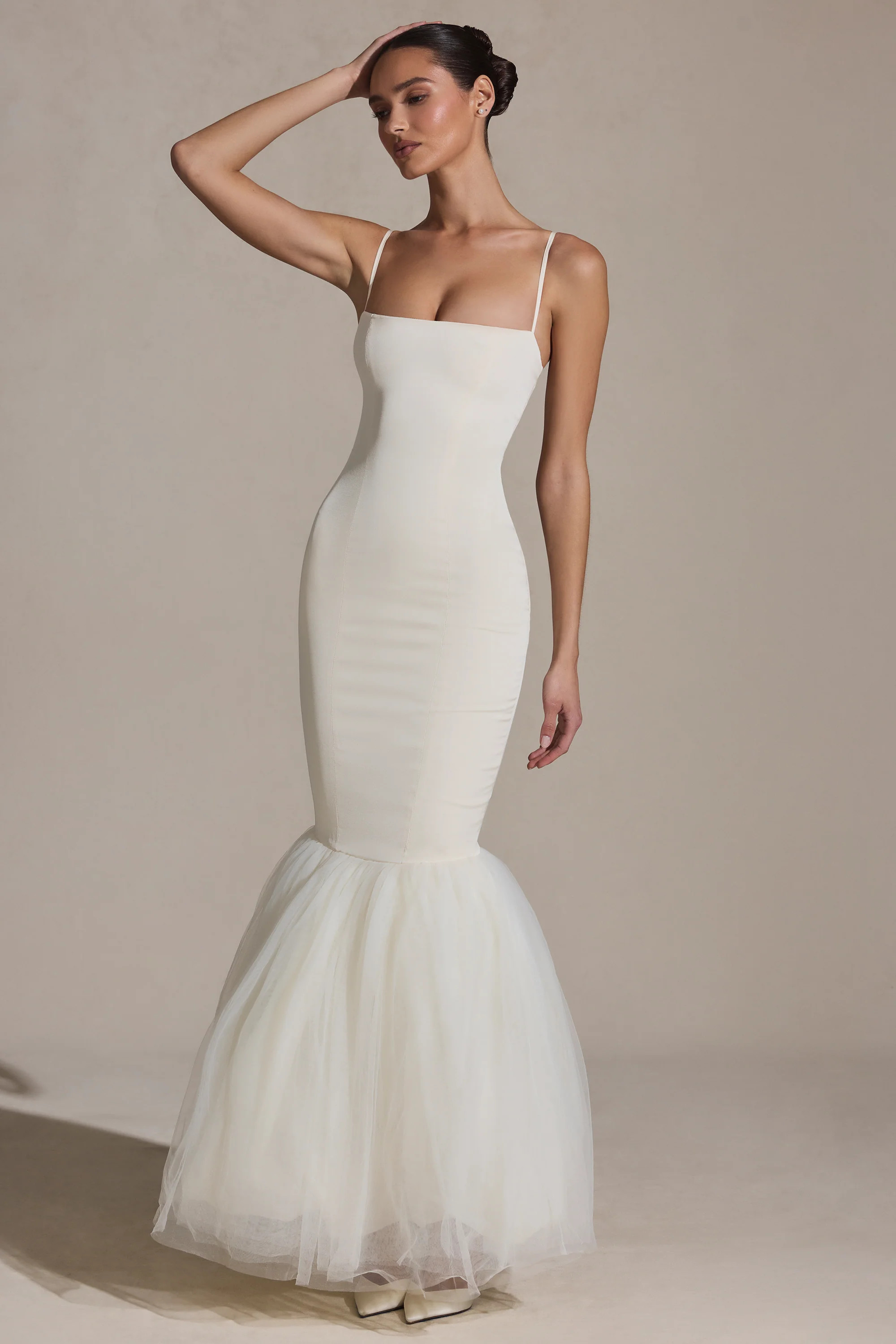 Tulle Hem Fishtail Gown in Ivory | Oh Polly