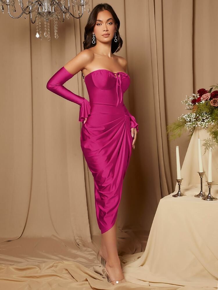 SHEIN Belle Tie Front Flounce Sleeve Ruched Split Thigh Bridesmaid Dress | SHEIN