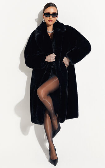 Maxwell Coat - Long Line Faux Fur Coat in Black | Showpo (ANZ)