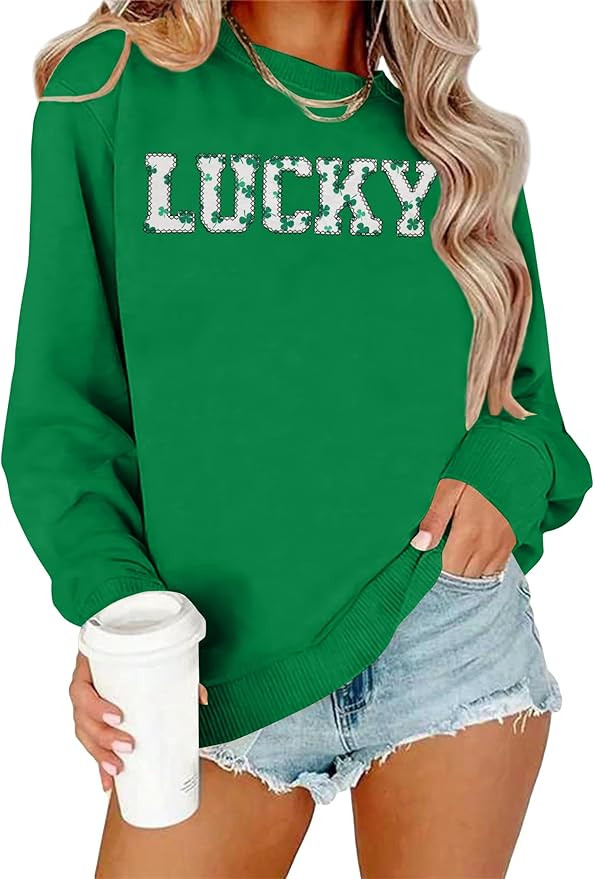 VVNTY St. Patrick's Day Sweatshirt for Women: Embroidered Lucky Shamrock Graphic Tee Shirts Paddy... | Amazon (US)
