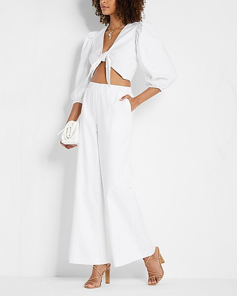 High Waisted Linen-Blend Pull On Wide Leg Pant | Express
