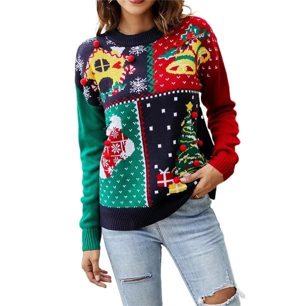 Liacowi Women Ugly Christmas Holiday Knit Sweater Pullover Cute Crewneck Reindeer Long Sleeve Pul... | Walmart (US)