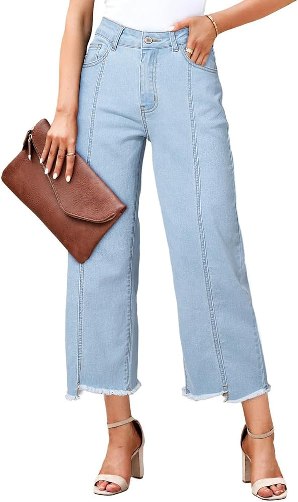 Sidefeel Women's Jeans High Waisted Wide Leg Loose Fit Straight Leg Zimbaplatinum Cropped Denim P... | Amazon (US)