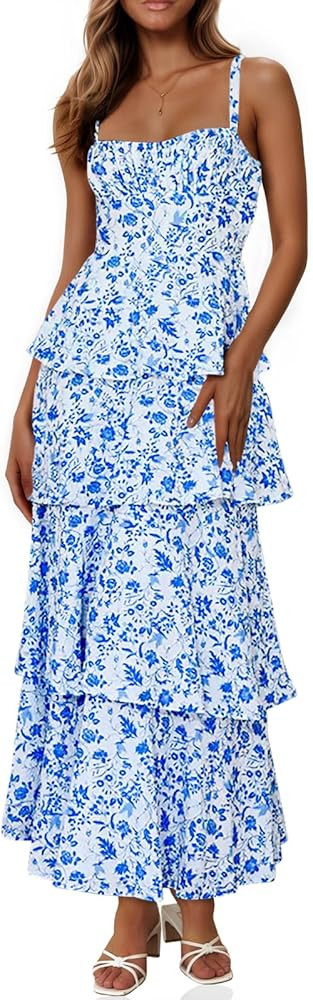 Fisoew Womens Floral Maxi Dresses Spaghetti Strap Casual Sleeveless Ruffle Flowy Tiered Dress | Amazon (US)