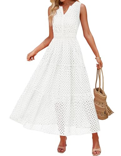 ZESICA Women's 2026 Summer Sleeveless Maxi Dress Casual V Neck Hollow Out Eyelet A Line Flowy Par... | Amazon (US)